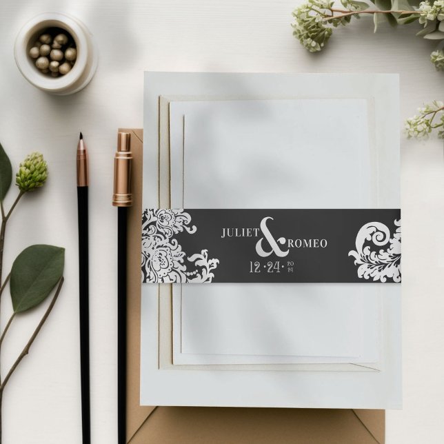 Modern Black & White Elegant Floral Damask Wedding Invitation Belly Band (elegant black and white floral damask wedding couple belly band for wedding invitation suite)