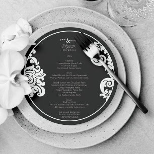 Modern Black White Elegant Floral Damask Wedding Menu