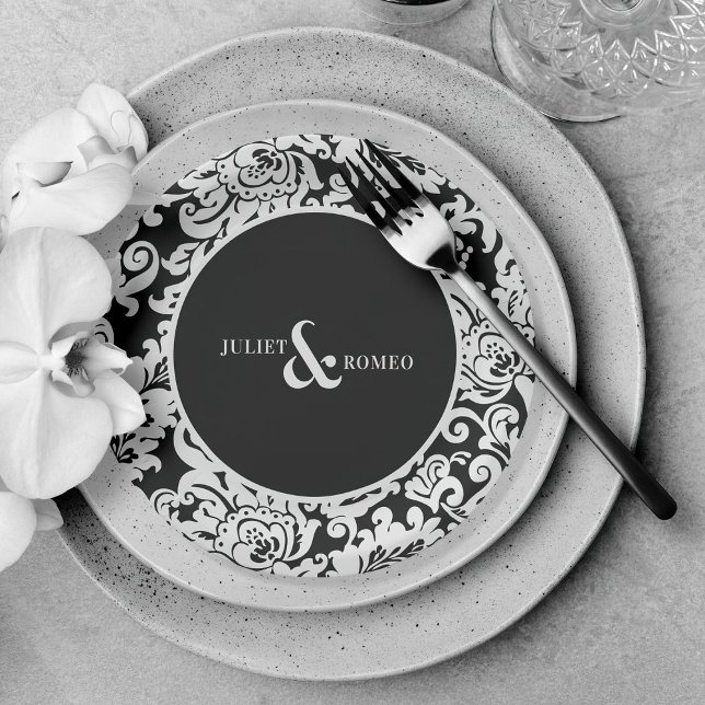 Modern Black & White Elegant Floral Damask Wedding Paper Plate (elegant black and white personalized wedding paper plates)