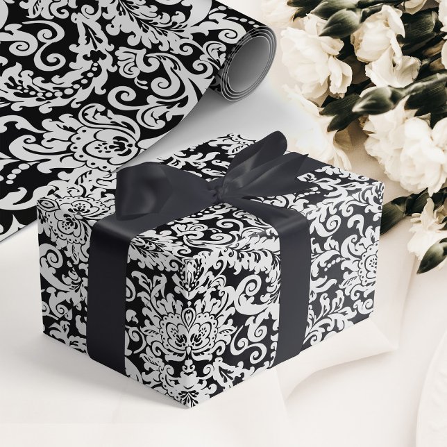 Modern Black & White Elegant Floral Damask Wedding Wrapping Paper (elegant black and white floral damask wedding wrapping paper)