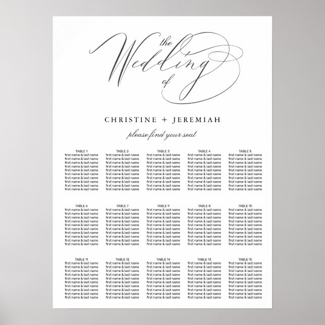Modern Black White Elegant Script Wedding Seating Poster (Front)