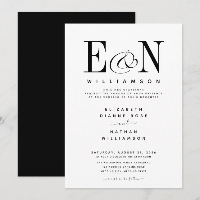 Modern Black & White Elegant Wedding Invitation (Front/Back)