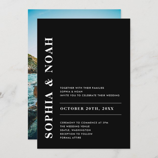 Modern Black & White Elegant Wedding Photo Invitation (Front/Back)