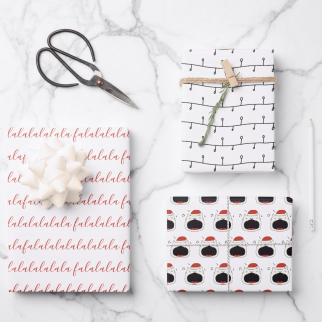 Modern Black & White Fa La La La La Singing Cat Wrapping Paper Sheet (Front)