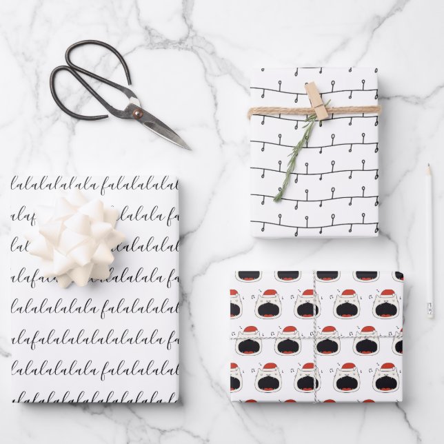 Modern Black & White Fa La La La La Singing Cat Wrapping Paper Sheet (Front)
