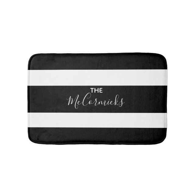 Modern Black White Family Monogram Striped Bath Mat (Front)
