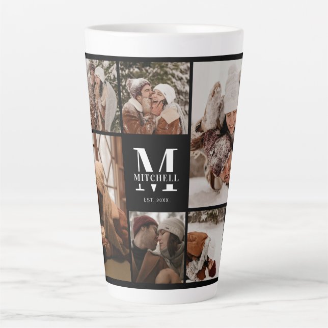 Modern Black & White Family Photo Collage Keepsake Latte Mug (Front)