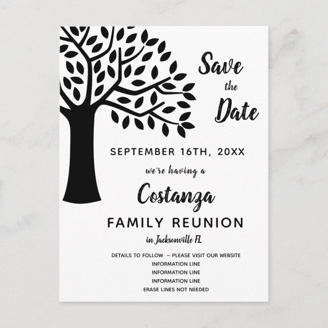 Modern Black & White Family Reunion Save the Date Postcard (Front)
