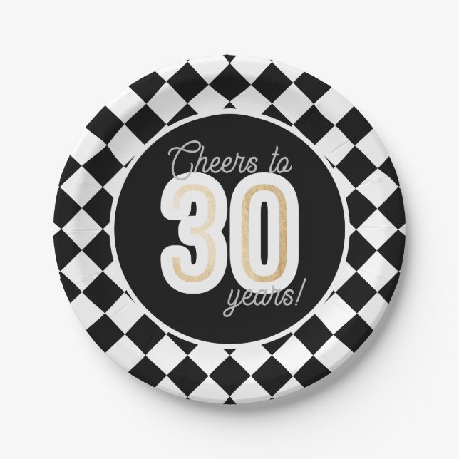 Modern Black & White Faux Gold 30th Birthday Paper Plate (Front)
