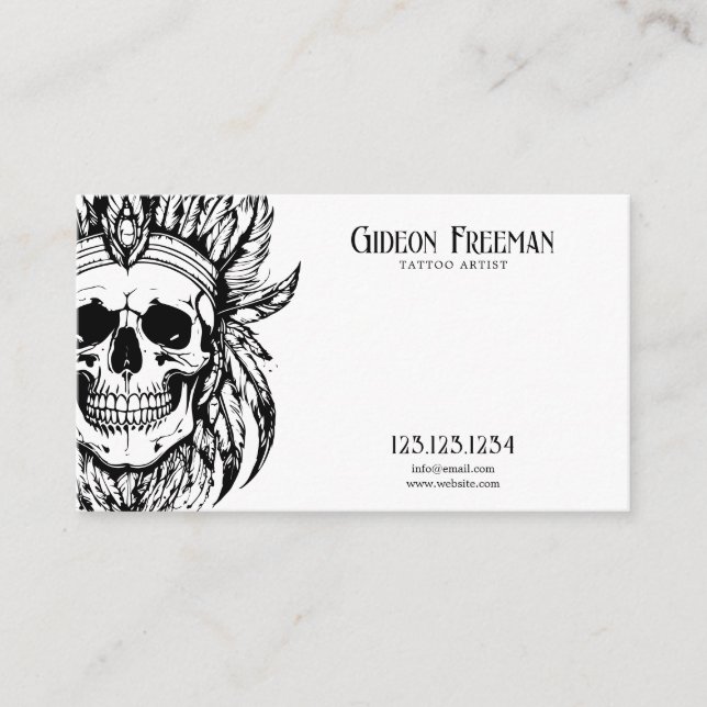 Modern Black & White Feathers Skull Tattoo Artist Business Card (Front)