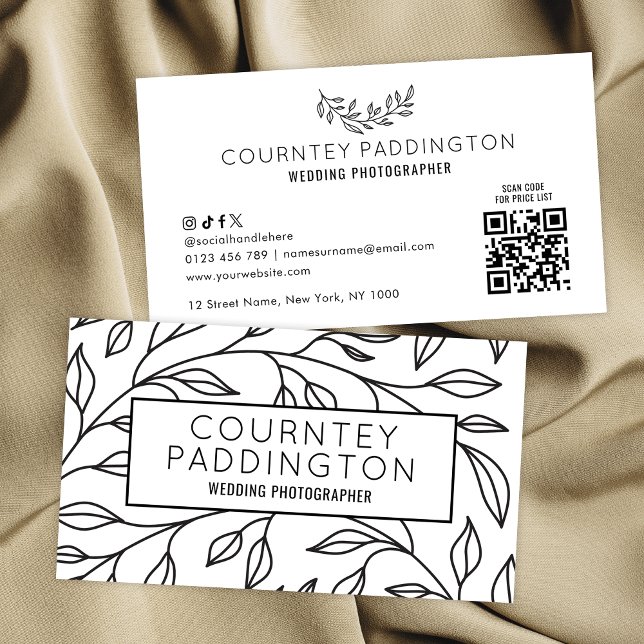 Modern Black & White Floral Beauty Salon QR Code Business Card (Modern minimalist floral design business cards with custom QR code)