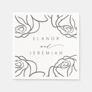 Modern Black White Floral Calligraphy Wedding Napkin