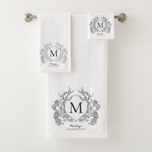 Modern Black White Floral Crest Initial Monogram Bath Towel Set