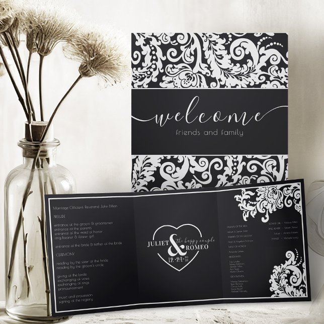 Modern Black White Floral Damask Elegant Wedding Tri-Fold Programme (elegant black and white floral damasic classic trifold wedding program)