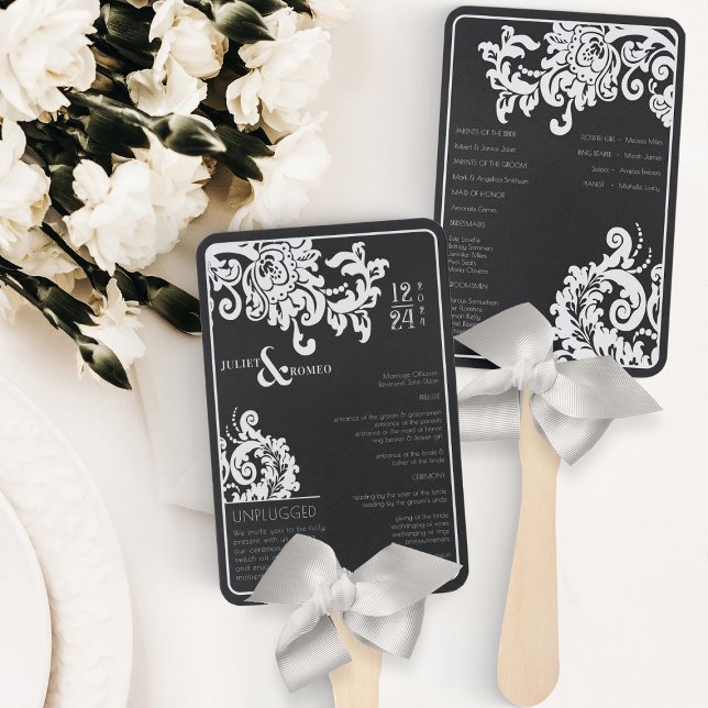 Modern Black White Floral Damask Wedding Program Hand Fan (modern black and white wedding program for unplugged wedding beautiful floral damask)