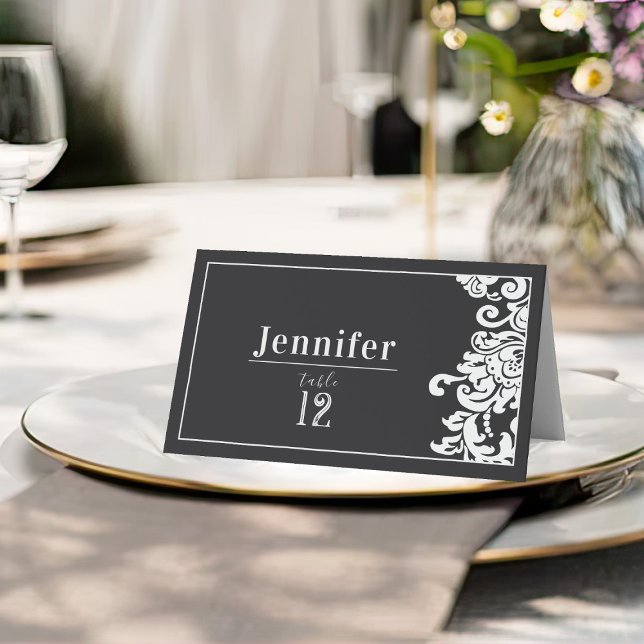 Modern Black & White Floral Damask Wedding Table  Place Card (modern and elegant black and white floral damask wedding name card seating place card)