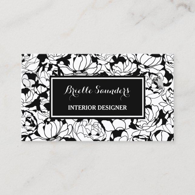 Modern Black White Floral Girly Interior Designer Business Card (Front)