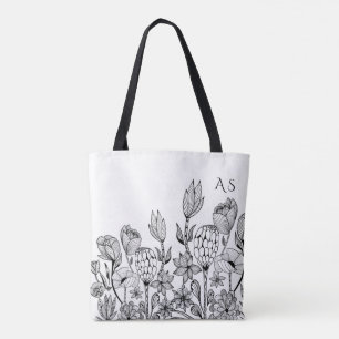 Modern black white floral graphic art monogram tote bag