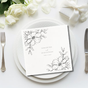 Modern Black White Floral Line Drawing Wedding Napkin