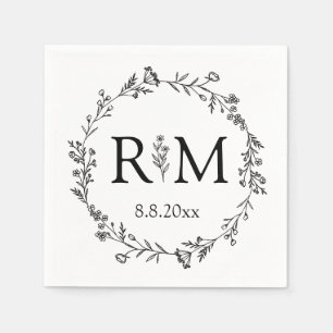 modern black & white floral monogram wedding  napkin
