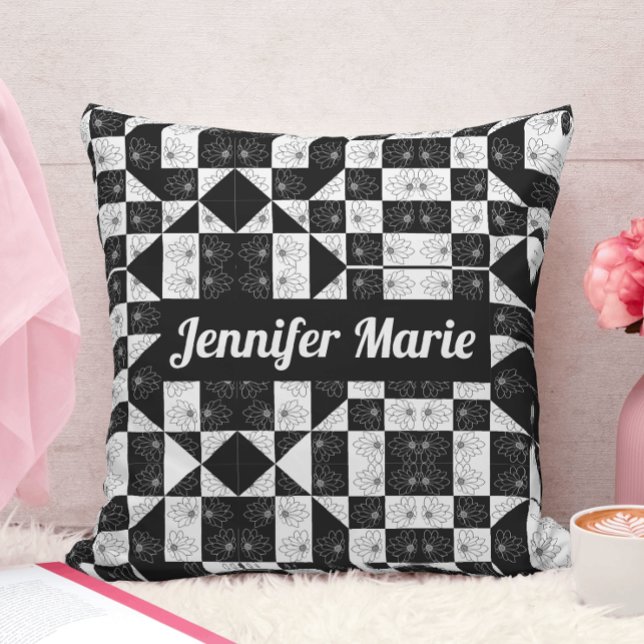 Modern Black & White Floral Pattern Custom Name Cushion (Creator Uploaded)