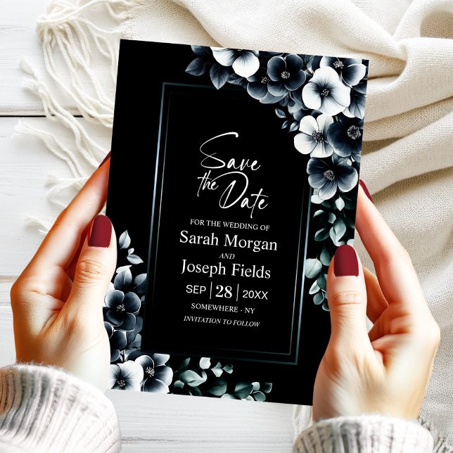 Modern Black White Floral Save the Date Invitation (Creator Uploaded)