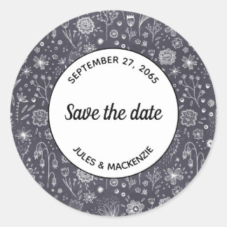 Modern Black White Floral Save the Date Wedding Classic Round Sticker