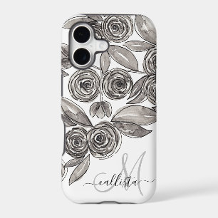 Modern Black White Floral Watercolor Monogram