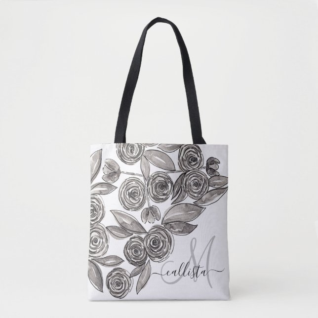 Modern Black White Floral Watercolor Monogram Tote Bag (Front)