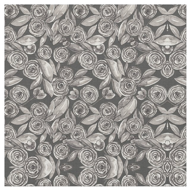 Modern Black White Floral Watercolor Pattern Fabric (Close Up)