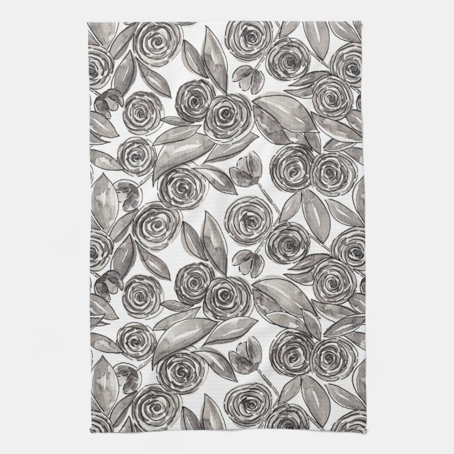 Modern Black White Floral Watercolor Pattern Tea Towel (Vertical)