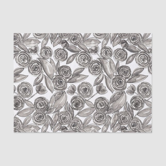 Modern Black White Floral Watercolor Pattern Tissue Paper (Front)