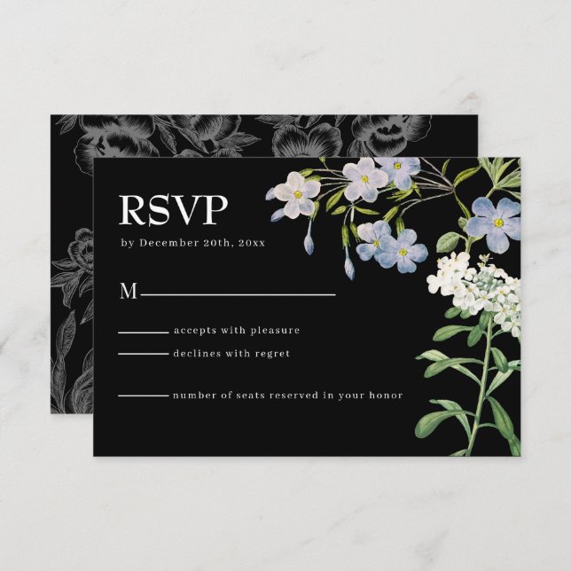Modern Black & White Floral Wedding RSVP Card (Front/Back)