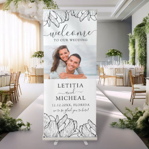 Modern Black & White Floral Wedding Welcome Retractable Banner