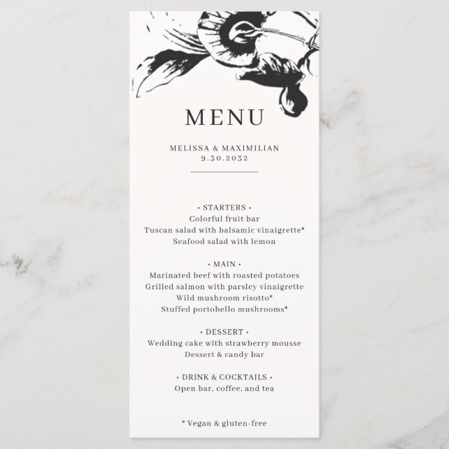 Modern Black & White flowers chic Wedding Menu (Front)