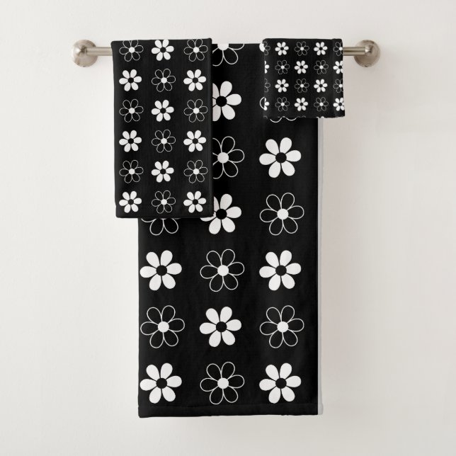 Modern Black & White Flowers on Black Bath Towel Set (Insitu)