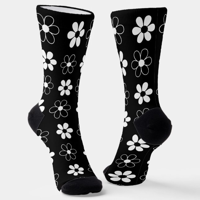 Modern Black & White Flowers on Black Socks (Angled)