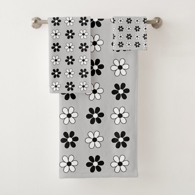 Modern Black & White Flowers on Light Silver Grey Bath Towel Set (Insitu)