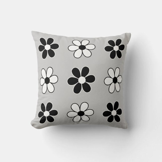 Modern Black & White Flowers on Light Silver Grey Cushion (Front)