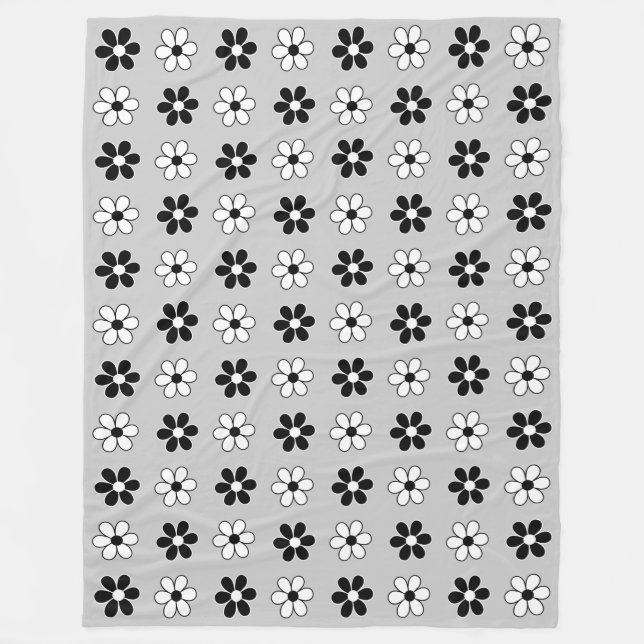Modern Black & White Flowers on Light Silver Grey Fleece Blanket (Front)