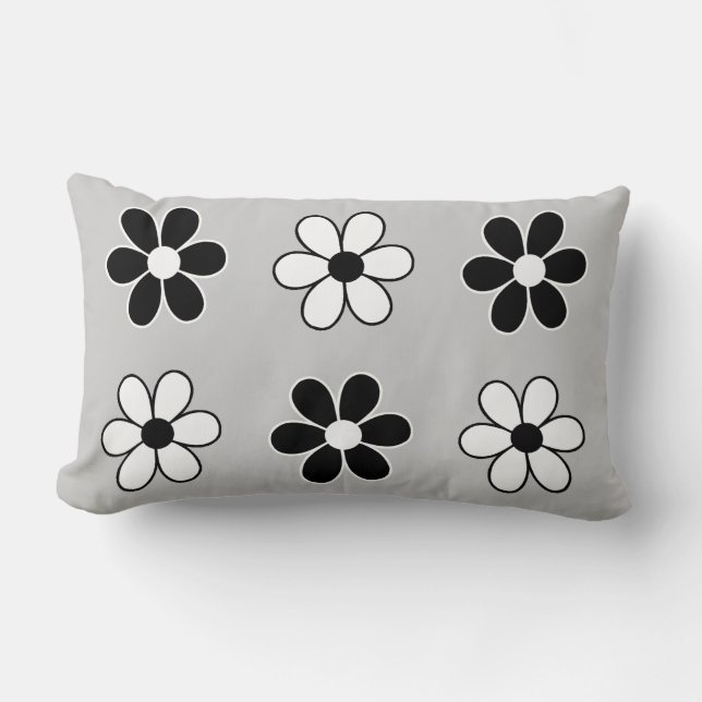 Modern Black & White Flowers on Light Silver Grey Lumbar Cushion (Front)