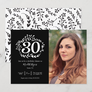 Modern Black & White Foliage Pattern 30th Birthday Invitation