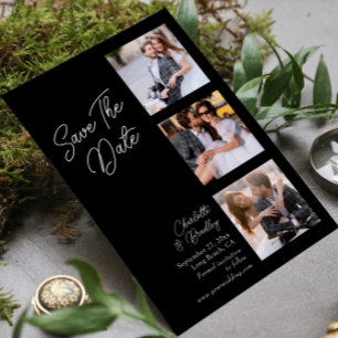 Modern Black White Four Photo Wedding Save The Date