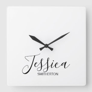 Modern Black White Full Name Trendy Stylish Square Wall Clock