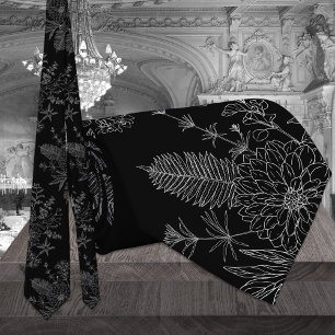 Modern Black & White Garden Flowers Wedding Tie