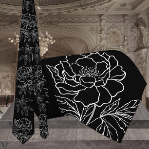 Modern Black & White Garden Peony Wedding Tie