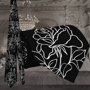 Modern Black & White Garden Roses Wedding Tie