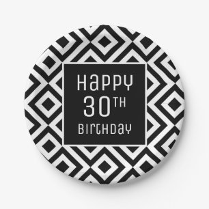 Modern Black White Geometric 30th Birthday Party Paper Plate
