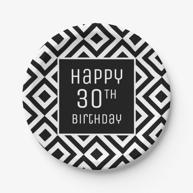 Modern Black White Geometric 30th Birthday Party Paper Plate (Front)