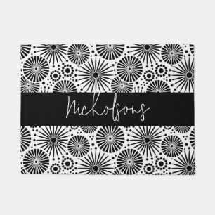 Modern black white geometric floral Family Name  Doormat